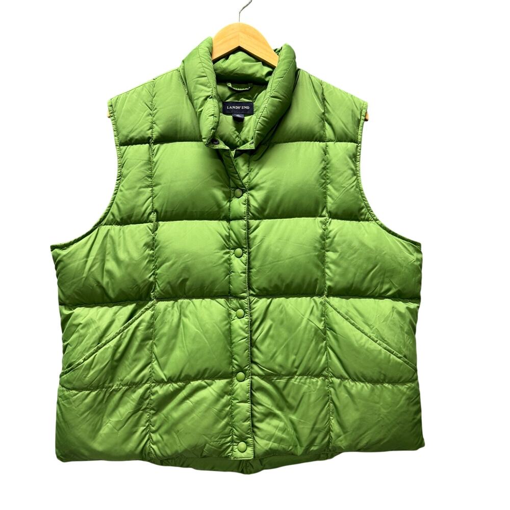 Lands End Down Puffer Jacket Vest Womens XL Green Full Snap Outdoors +‎ Pockets